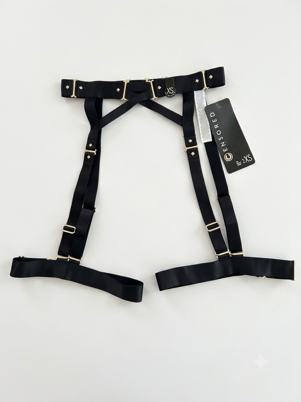 Censored New Yorker Strappy Leg Garter Belt Harness Black Gold XS NWT